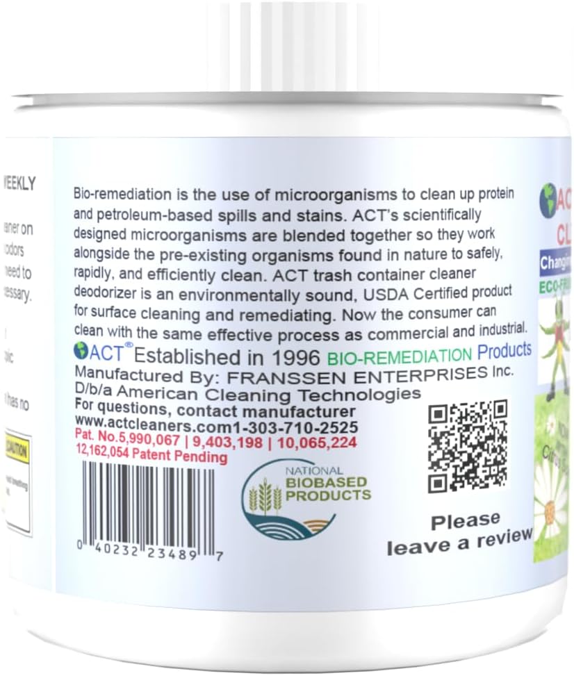 ACT Trash Deodorizer and Cleaner | Eliminates Odors Controls Garbage Sludge | for Garage and Outdoor Bins | Dry Powder Eco-Friendly (8oz)