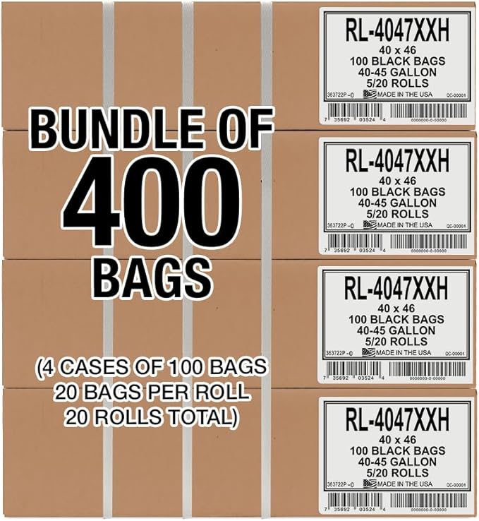 Aluf Plastics T-Tough Roll Pack Low Density Repro Blend Star Seal Coreless Rolls Bag, 45 Gallon Capacity, 46" Length x 40" Width, XXH Strength, Black (Pack of 400)