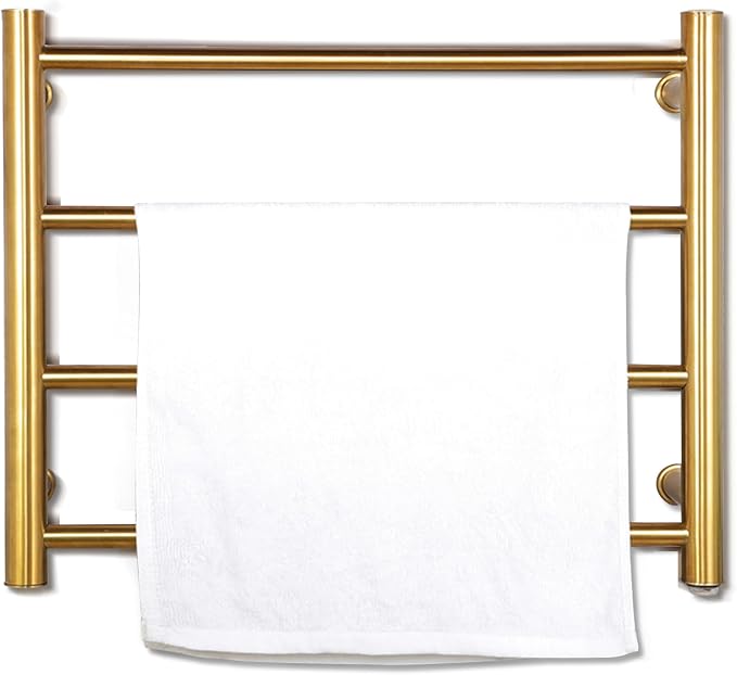 XBVV Gold Heated Towel Rack for Bathroom, Wall Mounted Bath Towel Warmer, Plug-in Electric Towel Rack, 304 Stainless Steel Fast Heating Towel Rack,Keep Bathroom Shower Towels Warm (4-Bar)