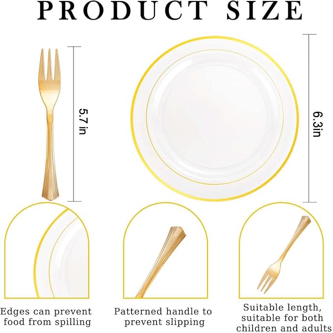 DaYammi 240Pcs Dessert Plates Include 120Pcs Gold Cake Plates 6.3inch with 120Pcs Gold Plastic Forks 5.7inch,Clear gold plates Disposable Salad Plate for Party Appetizer Plate for Wedding Birthday