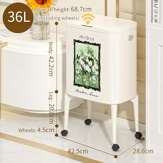 MRBIN Metal Motion Sensor Kitchen Trash Can with Wheel Legs, Medium Press Lid Slim Waste Basket, 36L / 9.5gal Pet Proof Tall Narrow Garbage Pail for Vanity, Bathroom, Bedroom, Living Room, White Rose