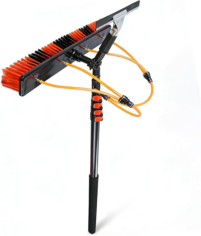 2-in-1 Cleaning Brush - 21.65" Extra-Wide Head with 4 Jets, Telescoping 15FT Water-Fed Pole with On-Hose Soap Dispenser