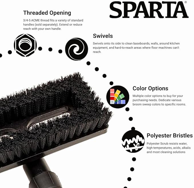 SPARTA 3638831EC03 Polyester Rectangle Scrub Brush, Floor Brush, Cleaning Brush With Swivel Head For Cleaning, 8 Inches, Black