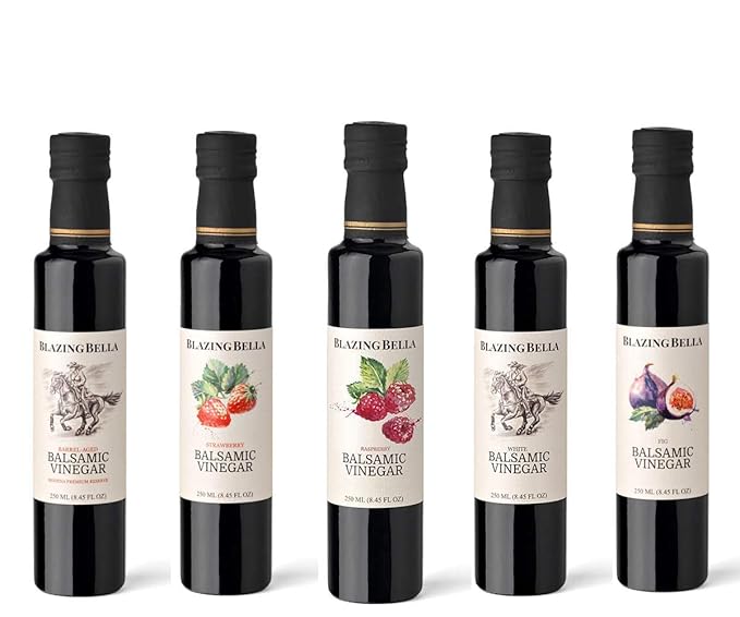 Blazing Bella Balsamic Vinegar Variety Pack – 5 Full-Size 250ml Bottles (Barrel Aged, White, Fig, Strawberry, Raspberry) – Everyday Balsamic Set from Modena Italy