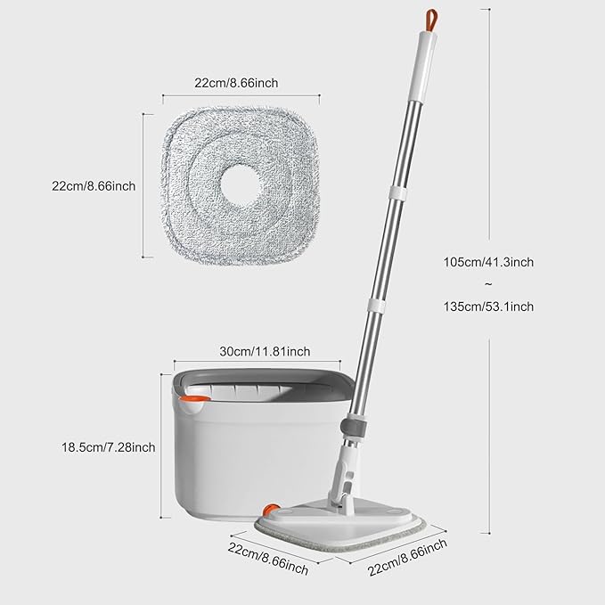 Spin Mop and Bucket with M16 Self Separation Dirty and Clean Water System with 2Pads, Self Wringing 360° Rotating Clean Mop-Head and Bucket Set for Hardwood Tile Marble Floors Mop-Grey