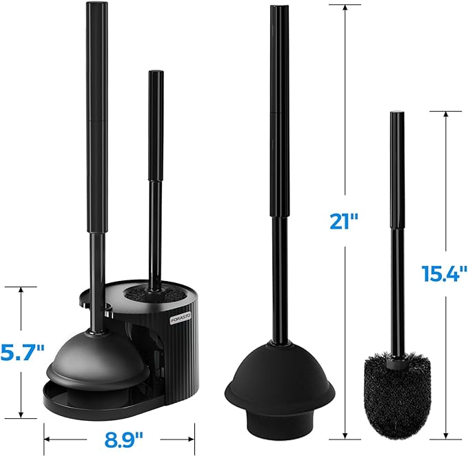 FORASTO 2Pack 2 in 1 Toilet Brush and Plunger Set, Extended Handle Plunger,Toilet Bowl Brush Plunger Set,Clean Gloves,Cleaning Tools,Cleaning Brush,Cleaning Supplies,Toilet Brush Plunger Combo,Black