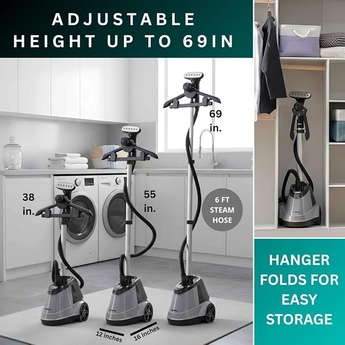 True & Tidy® Commercial Garment Steamer – Heavy Duty 1800W for Home & Commercial Use, 90+ Min Continuous Steam, Large 3L Tank, Wheels, Smart Auto-Off Safety