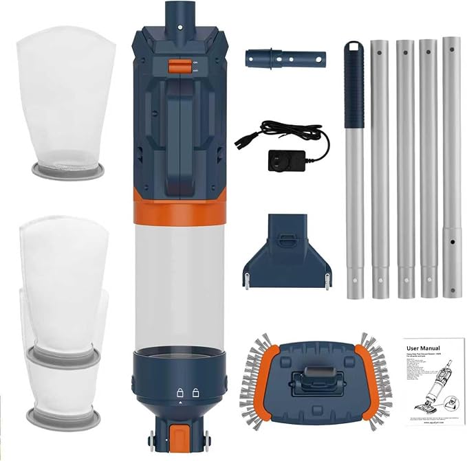 Cordless Pool Vacuum-25 Micron Fluff Ultra Fine Filter, True Powerful Suction 18.9GPM,1H Runtime, Handheld Rechargeable Hot Tub Cleaner with Poles for Above Ground&Inground Pool