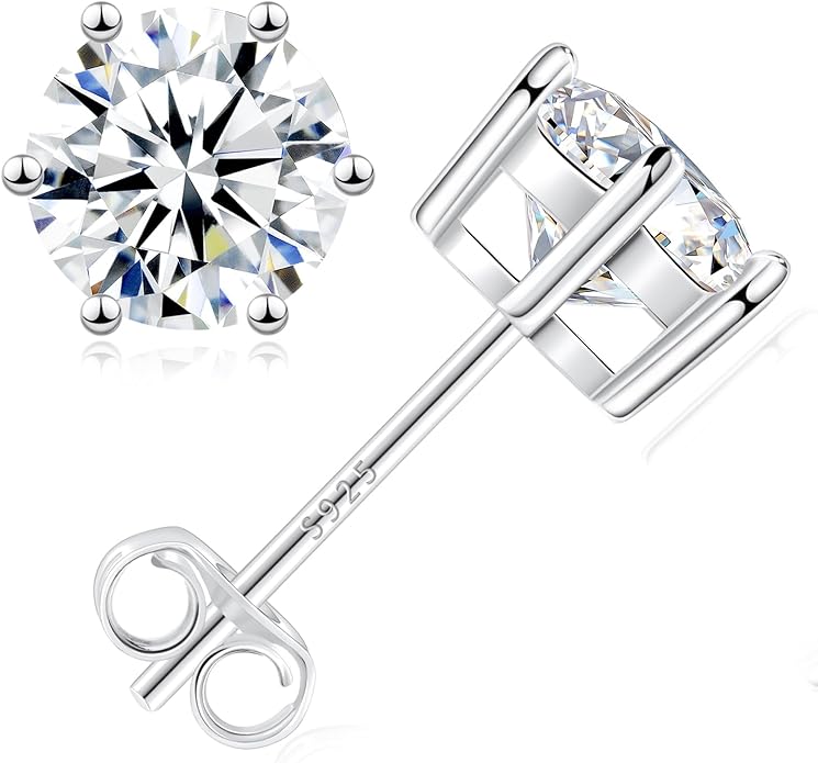 Moissanite Stud Earrings, 0.6–3.0ct Lab Created Diamond Earrings for Women & Men, D Color VVS1 Clarity, 925 Sterling Silver, 14K White Gold Plated, Hypoallergenic Solitaire Studs Jewelry Gift
