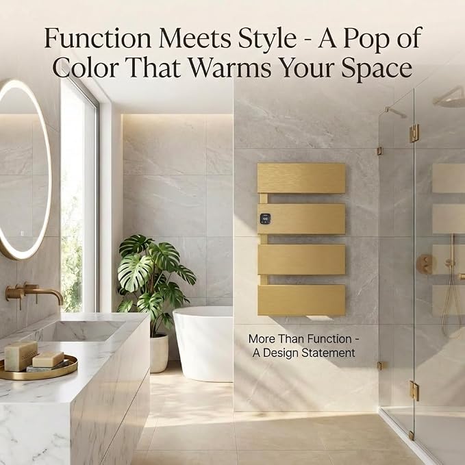 L Series Electric Towel Warmer for Bathroom, 4 Panel, Gold | Thermo Control and Timer, Fast Heat in 3 Mins, Dry Towels in 4 hrs, Memory Function, Work with Smart Plug, Left-Wiring