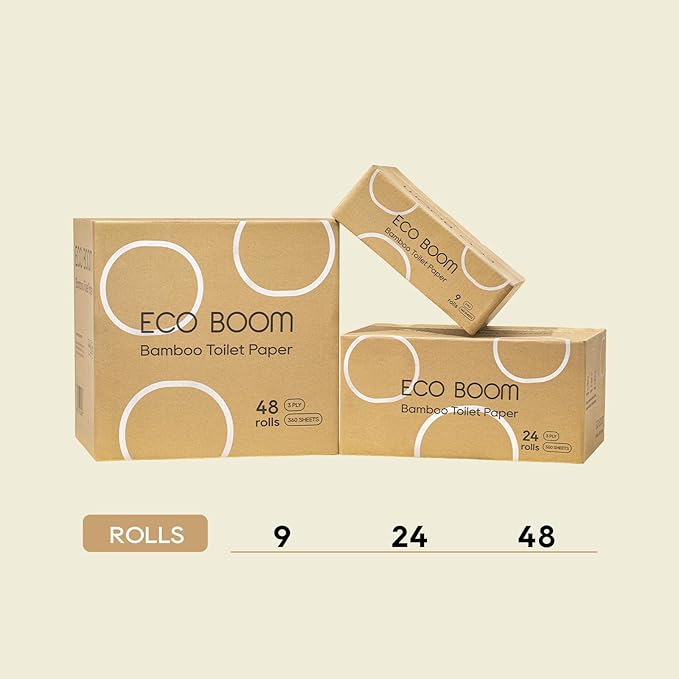 ECO BOOM Unbleached Bamboo Toilet Paper, 100% Tree-Free & Plastic-Free Packaging, 24 Mega Rolls, 360 Sheets & 3-Ply | PFAS Free, BPA Free, Septic Safe & FSC Certified