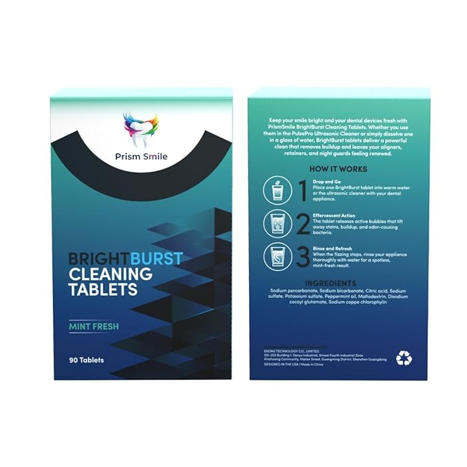 BrightBurst Cleaning Tablets, Mint Fresh, 90 Count, for Clear Aligners, Retainers, Night Guards, Whitening Trays