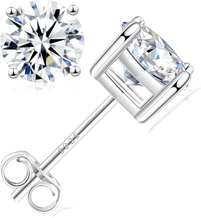 Moissanite Stud Earrings, 0.6–3.0ct Lab Created Diamond Earrings for Women & Men, D Color VVS1 Clarity, 925 Sterling Silver, 14K White Gold Plated, Hypoallergenic Solitaire Studs Jewelry Gift