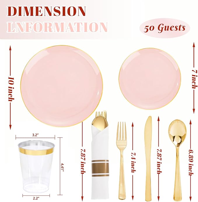 KIRE 350 PCS Pink Plastic Plates - Pink and Gold Disposable Dinnerware 50 Guest Include 50 Dinner Plate - 50Dessert Plate - 50Pre Rolled Napkins with Silverware for Party/Wedding/Baby Shower