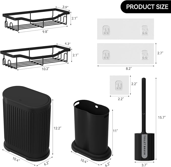 Small Bathroom Trash Can with Toilet Brush, 1.6 Gallon Black Stainless Steel Garbage Can with Lid,Slim Wastebasket with Shower Caddy for Bathroom Bedroom
