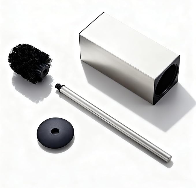 Toilet Brush and Holder Set, NEWRAIN Stainless Steel Toilet Brush with Long Brush Handle, Brushed Nickel Toilet Scrubber and Covered Holder, Square Design Sturdy and Space Saving, Covered Brush