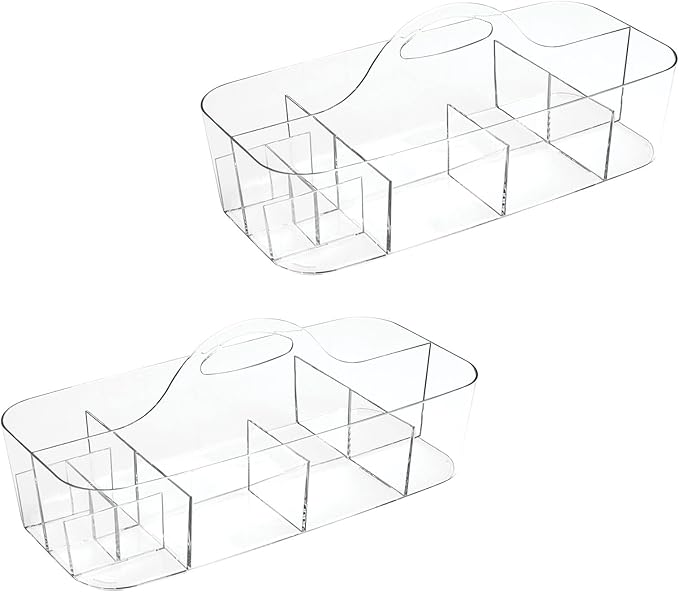 mDesign Plastic Divided Art and Craft Storage Organizer Caddy Tote Bin with Handle for Home Office and Living Room - Holds Pencils, Crayons, Sewing Supplies - Lumiere Collection, 2 Pack, Clear