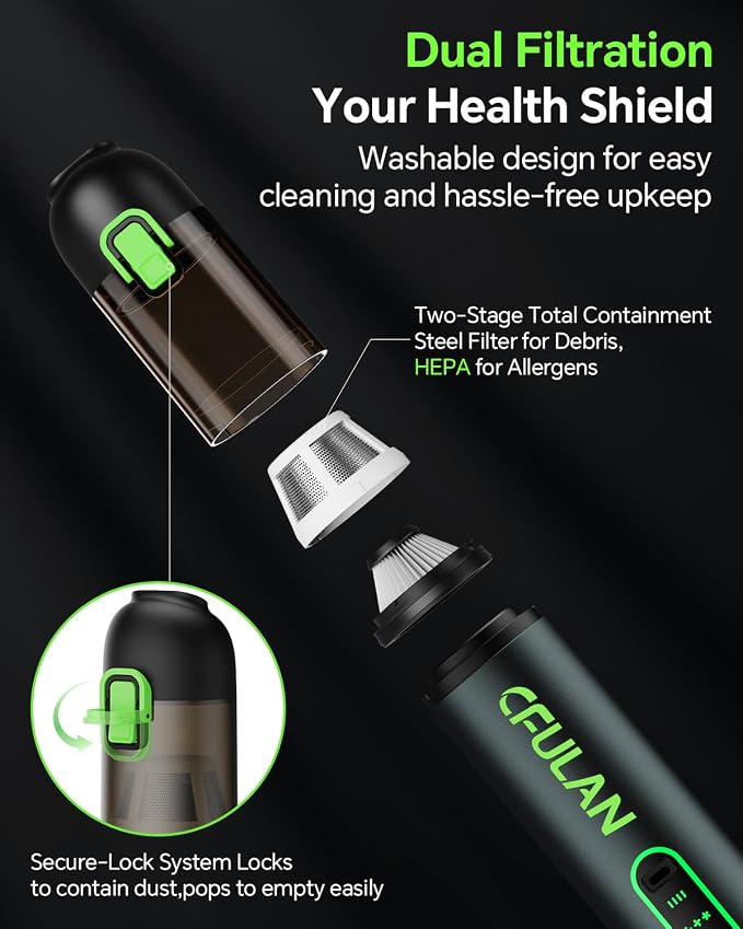 Upgraded Car Vacuum Portable Cordless, 4-in-1 Mini Handheld Vacuum with 21000Pa 3 Suction Modes, Type-C Charge, 2 HEPA Filters, Hand Held Vacuum Cleaner Rechargeable for Small Jobs, Car, Home