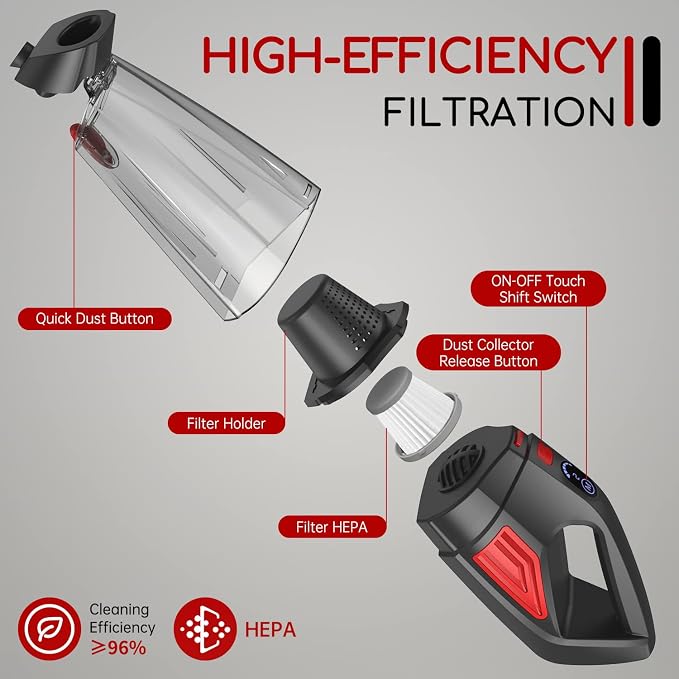 ATONEP Handheld Vacuum Cordless, 9000PA Hand Held Car Vacuum Cleaner Rechargeable, 3 in 1 Portable Hand Vacuum with LED Light & USB Charge Portable Car Vacuum Cleaner Filter for Home Office, Car, Pets