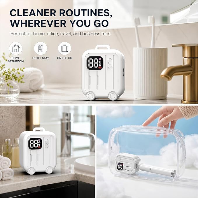 Toothbrush Sanitizer and Holder, Portable Toothbrush Sterilizer Case, Wall Mounted Toothbrush Holder for Bathroom, Travel Toothbrush Case, Rechargeable Cleaner with LED Display, White
