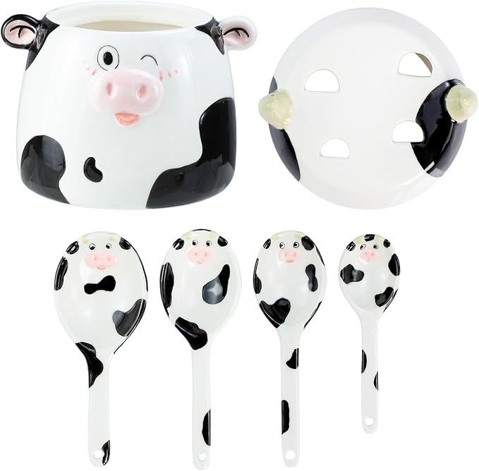 Sizikato 4pcs Porcelain Measuring Spoons with Base, Cow Shaped Ceramic Measuring Spoon Set