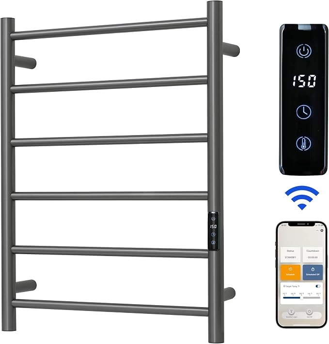 Electric Towel Rack with Voice Control for Alexa & Google Home,TUYA - Wall-Mounted Bathroom Heating Towel Warmer,Plug-in,Stainless Steel Material (Gungrey with WiFi, 6 Bar)