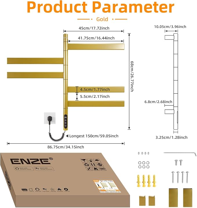 ENZE Smart Rotating Heated Towel Rack for Bathroom, 5-Bar Wall-Mounted Electric Towel Warmer with Swivel Bars, Wi-Fi App Control, 24H Timer, Stainless Steel, IPX5, Hardwired/Plug-in, Gold