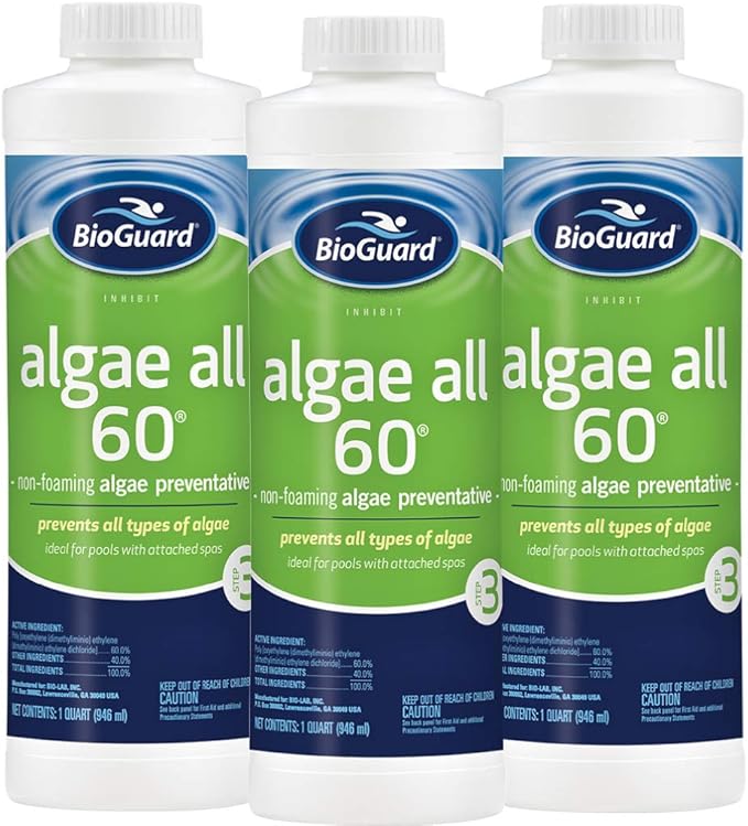 BioGuard Algae All 60, 1 Quart, Pack of 3 | Non-Foaming Algae Preventative, Non-Staining & Non-Foaming, Ideal for Swimming Pools with Attached Spas or Fountains