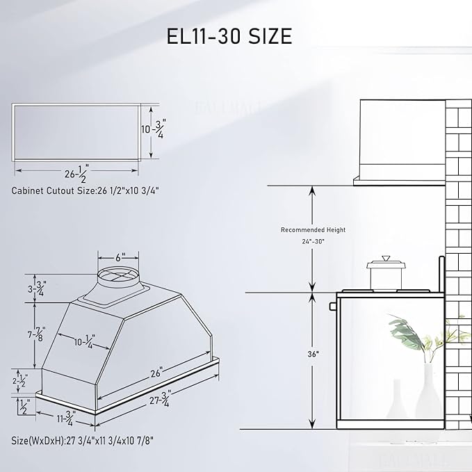 Range Hood Insert 30 Inch, 800 CFM, Ultra-Quiet, 3-Speed Vent Hood, Ducted/Ductless, Stainless Steel Built-In Range Hood, EL11-30