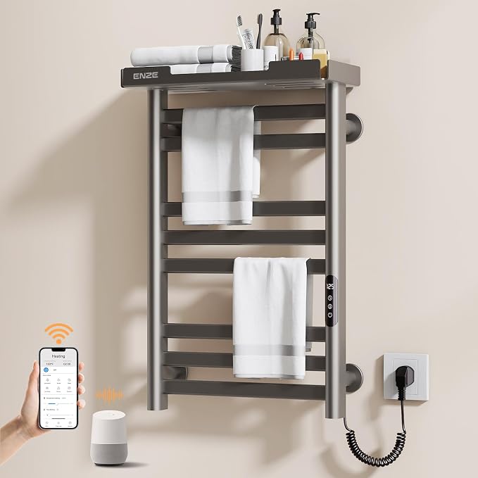 ENZE Smart Heated Towel Rack, 8-Bar Wall-Mounted Electric Towel Warmer with Shelf, Wi-Fi App Control, Adjustable Temperature & 24H Timer, Low Carbon Steel, IPX5, Plug-in/Hardwired, Gray