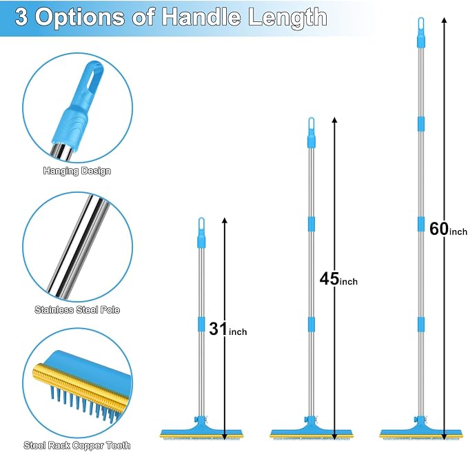 mupapi Carpet Rake for Pet Hair Removal, Reusable Pet Hair Remover Broom, 60'' Adjustable Long Handle Dog and Cat Hair Remover Tool Set of 3, Lint Remover Scraper for Carpets, Rugs, Mats, Couch, Car
