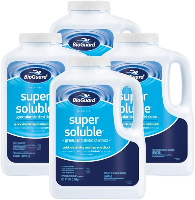 BioGuard Super Soluble Chlorine, 5 lb, 4 Pack | Granular Stabilized Chlorinator, Quick-Dissolving, Restores Water Clarity & Contains Sunshield Protection