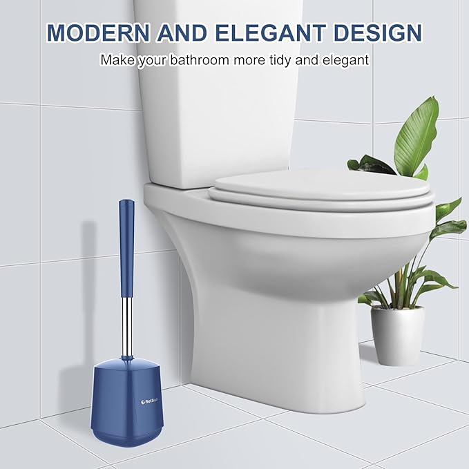 SetSail Toilet Brush and Holder 4 Pack, Self Closing Lid Toilet Bowl Brushes Holder Extra Long Handle Ventilated Toilet Brush Set for Bathroom Cleaning, Nylon Bristles, Dark & Blue