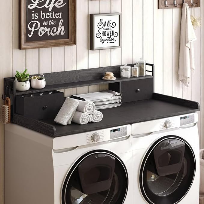 2-Tier Washer Dryer Countertop with 2 Drawers & Shelf, 2 Hooks, 27.7" D x 54" W Laundry Topper, Wooden Washer and Dryer Shelf for Folding Clothes and Storage, Easy to Install, Black