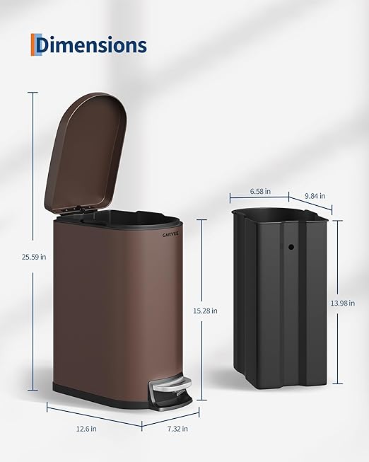 Slim Stainless Steel Bathroom Trash Can 2.6 Gallon/10L – Step Pedal, Lid, Soft-Close, Removable Inner Bucket, Odor Control, Rear Handle, Waterproof, for Compact Spaces, Bedroom, Office – Brown