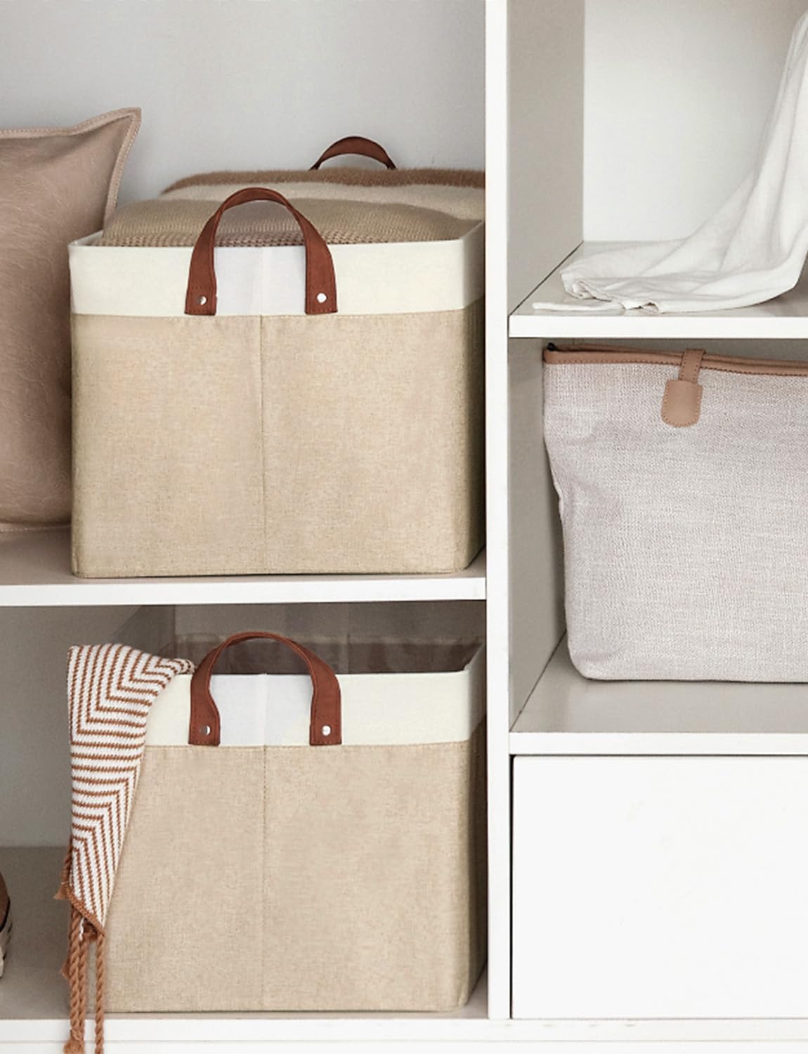 StorageWorks Storage Bins, Fabric Storage Bins for Shelves, Extra Large Storage Baskets with Metal Frame, Closet Baskets and Bins with Handles, Jumbo, Brown and White, 2-Pack