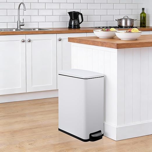 Garvee Slim Trash Can with Lid, 12 Gal (45 L) Stainless Steel Kitchen Garbage Can with Inner Bucket and Step On Foot Pedal, Narrow Metal Trash Bin, White