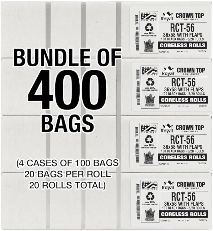 Aluf Plastics RCT-56 Star Sealed Coreless Rolls with E-Z Tie Flap Closure, 56 gal, Polyethylene, 43" x 46", Black (Pack of 400)