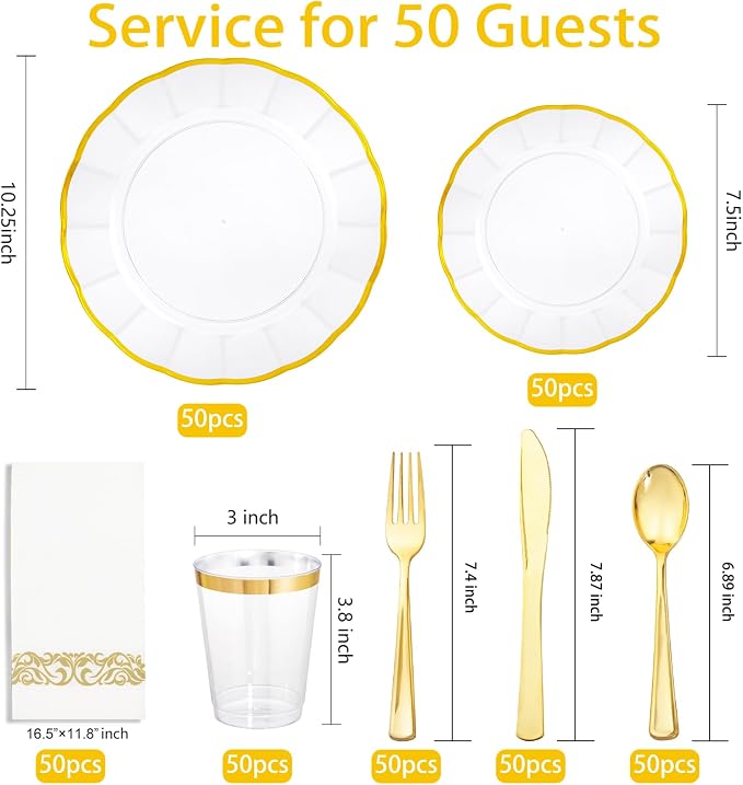 LIYH 350 Pcs Clear Plastic Plates for Wedding Reception Plastic Plates for Party 100 Disposable Plate 150 Gold Plastic Silverware 50 Gold Cups 50 Napkins Perfect for Wedding Birthday (50 Guest)