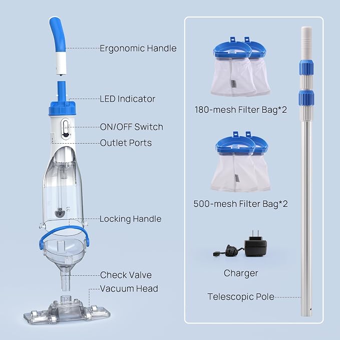 Handheld Pool Vacuum for Above Ground & Inground Pools, Consciot Cordless Rechargeable Pool Cleaner with Telescopic Pole up to 87.5", 1110 GPH Suction, 60Min Runtime, See-Through Head, Light Blue