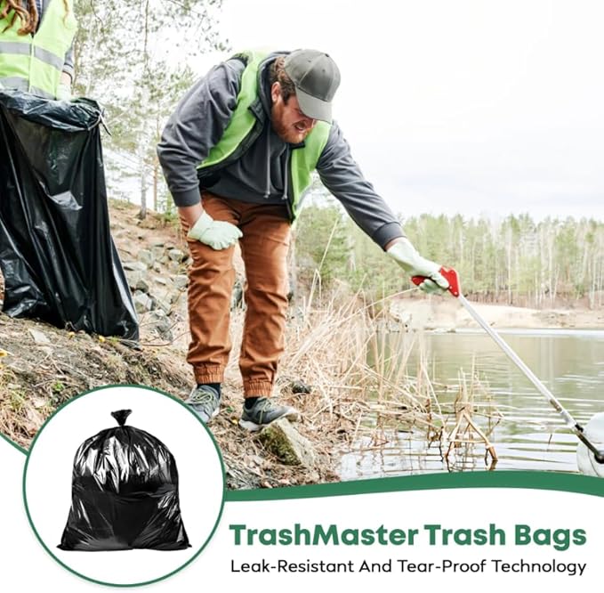 65 Gallon Trash Bags | 50 Bags with Ties | Thick for Large Commercial Jobs | Construction Clean Up | Garbage bags for Yard Clean up - TrashMaster