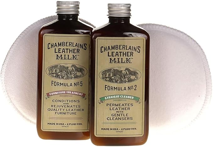 Leather Milk Leather Furniture Cleaner & Conditioner Kit (2 Bottle Furniture Care Set) - Straight Cleaner No. 2 + Furniture Treatment No. 5 - All Natural, Non-Toxic. Made in USA. W/ 2 Restoration Pads