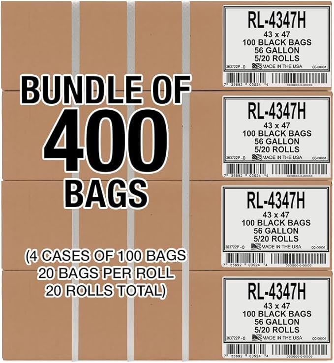 Aluf Plastics 56 Gallon 1.2 MIL (eq) Black Heavy Duty Trash Bags - 43" x 47" - Pack of 400 - For Kitchen, Contractor, Janitorial, Industrial, Municipal, Healthcare, & Hospitality