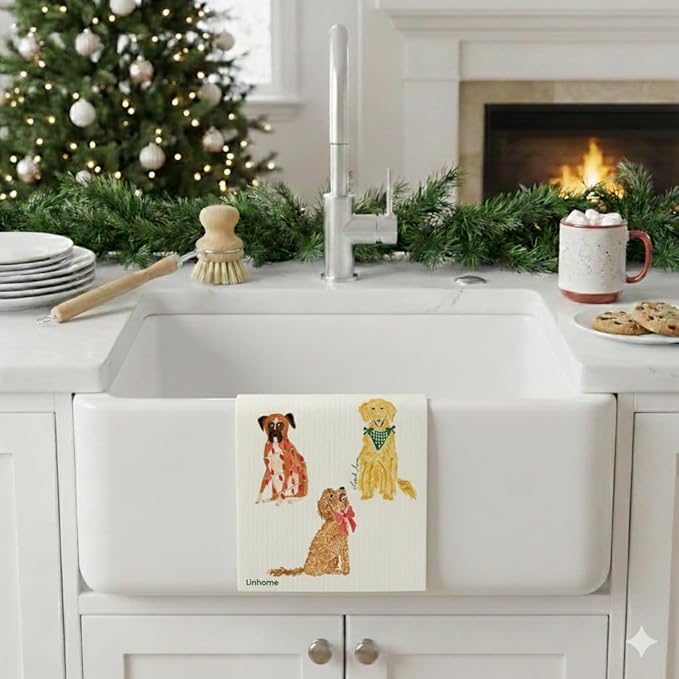 Christmas Holiday Swedish Dishcloth, Cats & Dogs Collection, Reusable Paper Towel, Super Absorbent Cellulose Sponge, Washable Kitchen Cleaning Cloth (Jolly Dog Trio - 1 Pack)