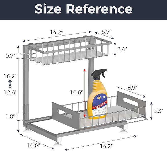 L-Shaped Under Sink Organizer, 2 Pack 2-Tier Pull Out Metal Kitchen Cabinet Organizer with Sliding Storage Drawer, Height Adjustable Heavy Duty Under Bathroom Sink Storage for Cleaning Supplies