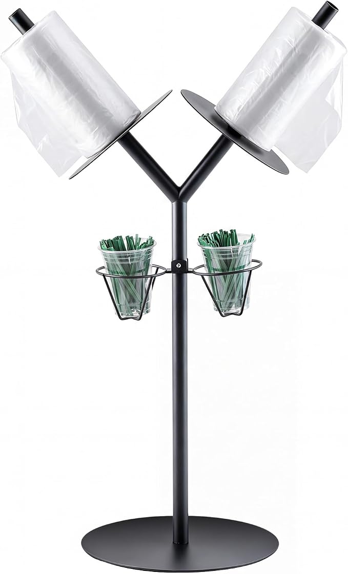 Zonon Dual Roll Grocery Roll Bag Holder Floor Standing 41 Inch Produce Bag Dispenser with Twist Tie Cup Organizer Black Straight for Supermarket Grocery Kitchen Storage