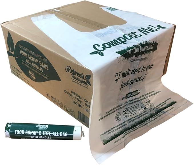 Compost Bags - 100% Certified Kitchen Garbage Bag for Shopping & Grocery - Green Bin Bags with Handles - Kitchen Bags - Plastic Free Food Waste Bag - 600 Bags Per Case