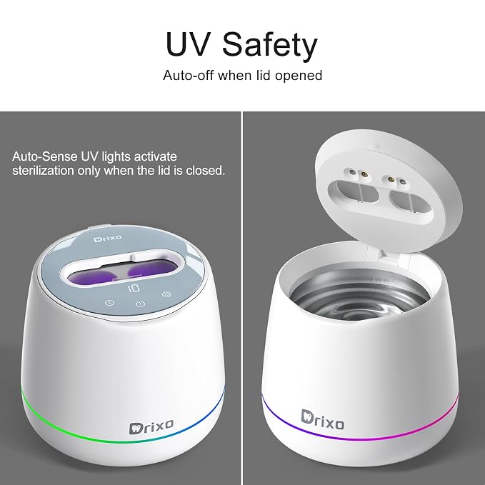 Drixo Ultrasonic Retainer Cleaner Machine, IPX6 Waterproof Dental Cleaning Pod, 3 Modes Denture Cleaner for Night Guard Mouth Guard Braces, 45kHz Denture Dome with UV Light, 200ML Tank, Arctic White