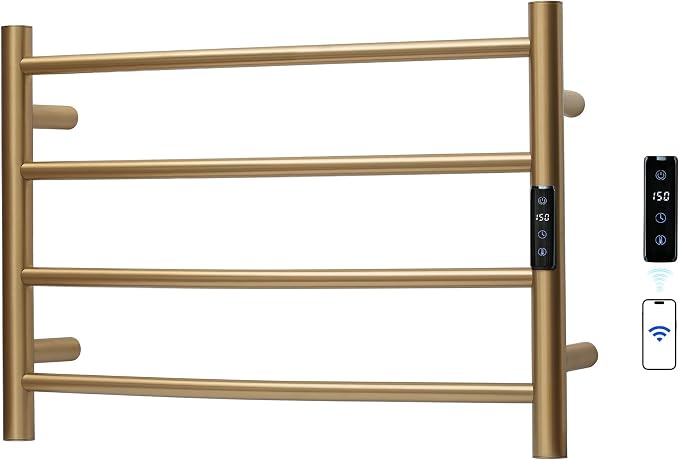 Electric Towel Rack with Voice Control for Alexa & Google Home,TUYA - Wall-Mounted Bathroom Heating Towel Warmer,Plug-in,Stainless Steel Material,16.54x23.62x5.51 in,Gold,4 Bars