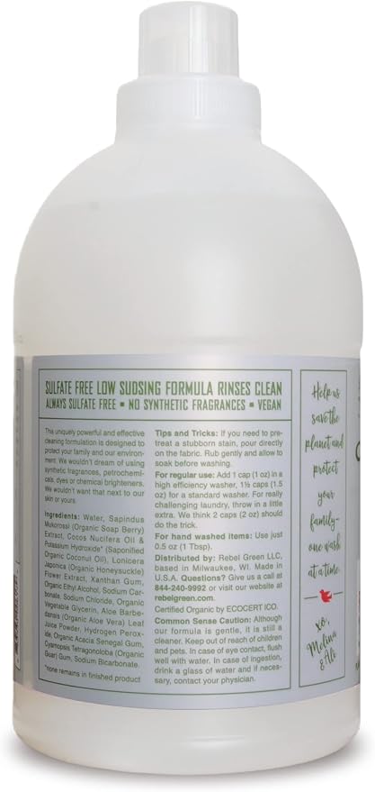 Rebel Green Organic Laundry Detergent - Natural Laundry Soap - Liquid Laundry Detergent with Dispenser Cup - Gentle Laundry Detergent - Fresh Unscented Soap - (68 Load Bottles, 2 Pack)